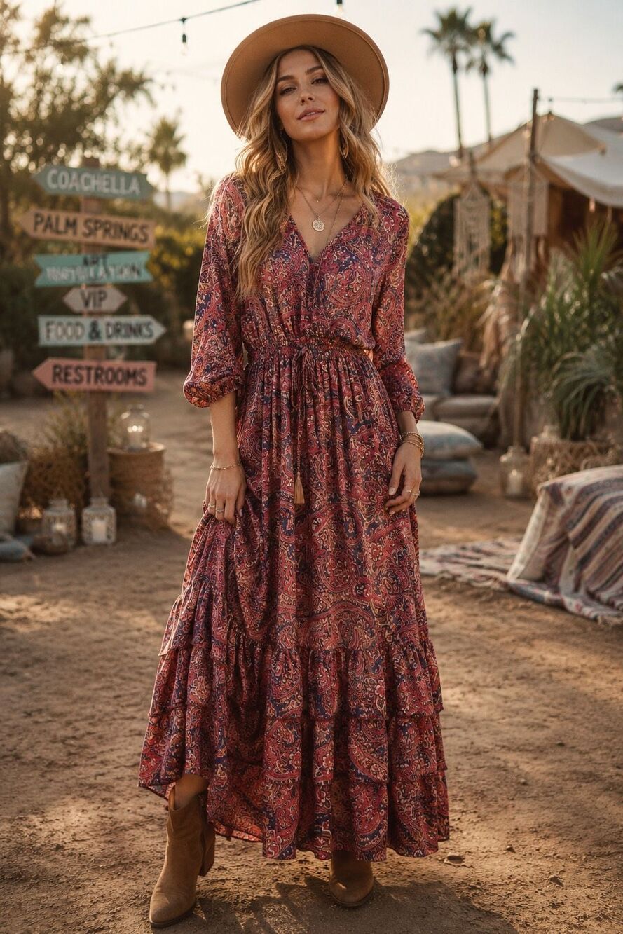 Boemo Red Paisley Maxi Dress Size Small – Boho Chic Tiered Gypsy Hippie